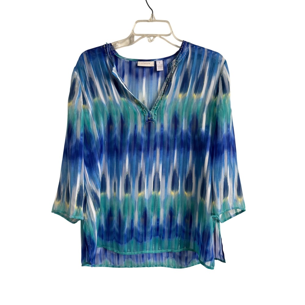 Chicos Blue Teal Ikat Metallic Sheer Top Beaded V-Neck‎ Size 1 M 3/4 Sleeve